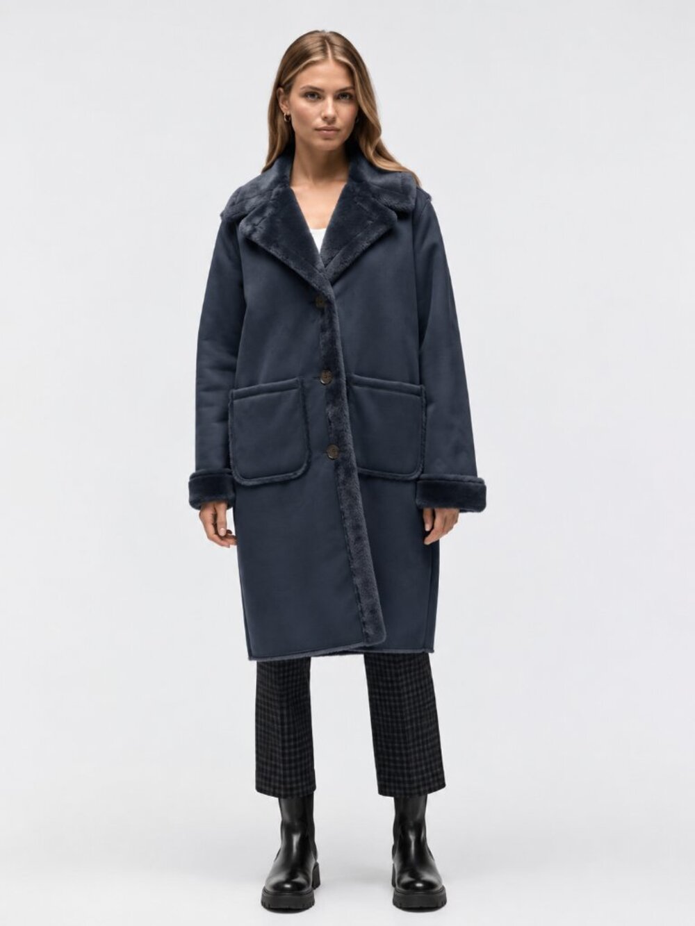 NAVY BLUE SM  NEW WITH TAGS SHEARLING LONGLINE JACKET WITH NOTCH COLLAR S